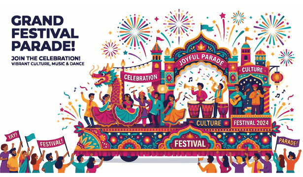 Vibrant festival float parade with performers and fireworks vector illustration design