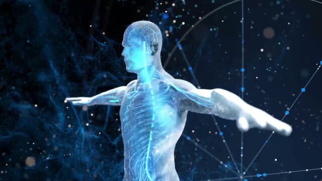 Human brain calculates nervous system activity, neuron cells with synapses send signals. Nerve conduction, artificial intelligence, high-tech future medical treatment, cosmic particle space, 3D.