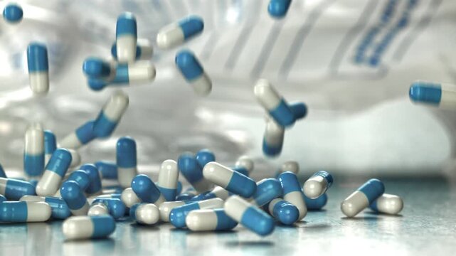 Blue white capsules scattered near blister pack on factory table Filmed on a high-speed camera at 1000 fps.