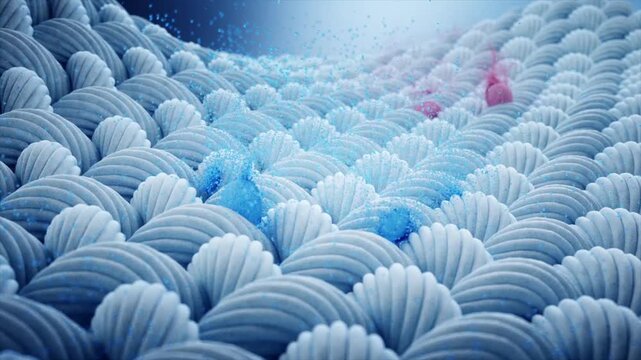 Water bubbles remove stubborn stains from fabric fibers, remove red and blue stains from cloth or fabric. Washing powder or detergent can better protect fabrics from bacteria. 3D animation.