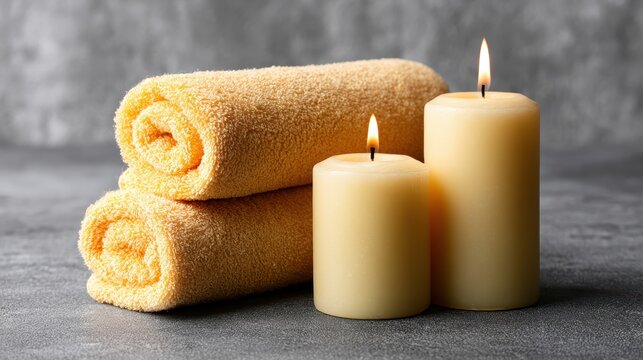 Two soft rolled yellow towels beside glowing pillar candles on textured grey stone surface background for wellness spa interior concept