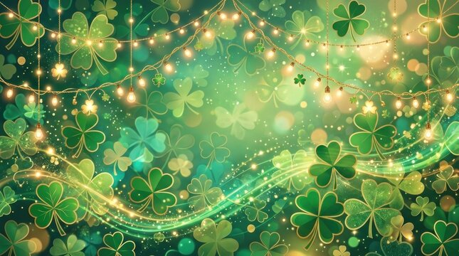 A festive background features numerous vibrant green four-leaf clovers scattered across a blurred, shimmering green surface.