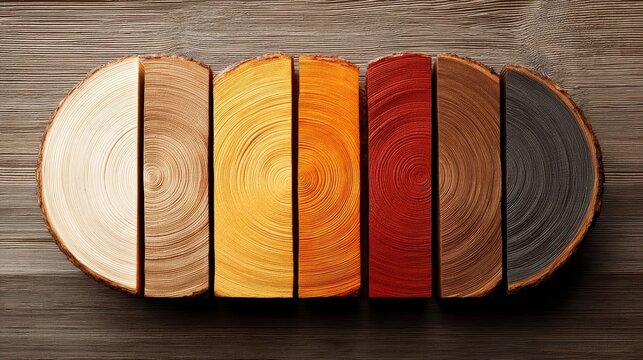 Set of colorful wooden logs with rings arranged in a linear pattern on a textured brown wooden surface backdrop