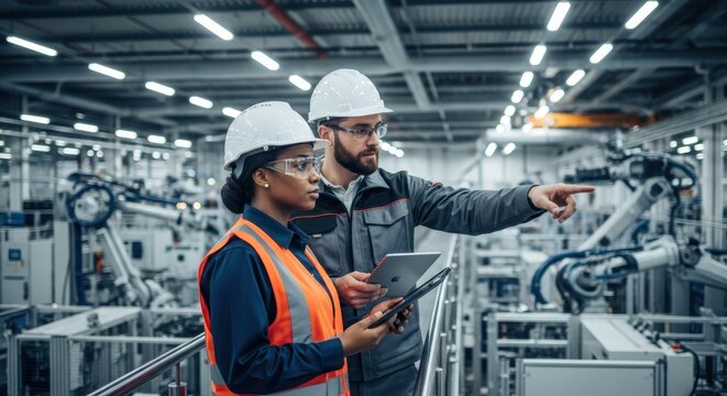 Two professionals in a factory setting, a man and woman in hard hats and safety gear examining a robotic arm with a tablet.