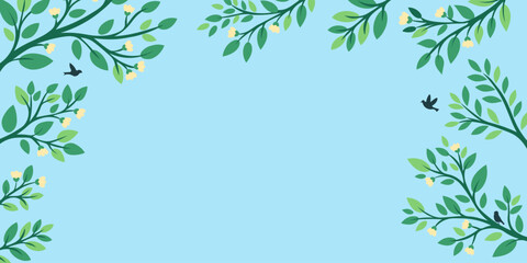  Floral frame with green  and yellow flowers on blue background. Nature composition with silhouette bird for  invitation, greeting card and botanical design concept. © Helena