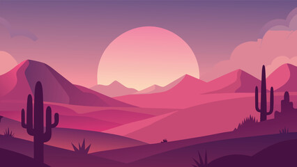 Desert landscape at sunset with cactuses and mountains during twilight in a flat vector style © CreativeKamrul