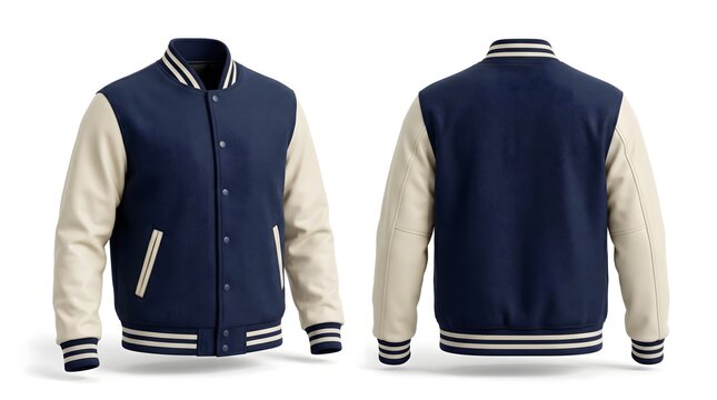 Classic blank varsity jacket mockup with leather sleeves for apparel design on white background