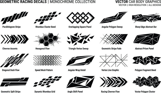 Geometric racing decals and monochrome vector car body graphics with abstract stripes, polygons, chevrons, and speed patterns for automotive styling