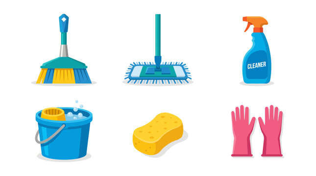Cleaning bucket and mop set with household cleaning tools and products