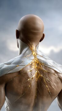 Futuristic human back with golden cybernetic nervous system implants
