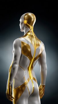 Futuristic cyborg human back view with gold and white subdermal structure