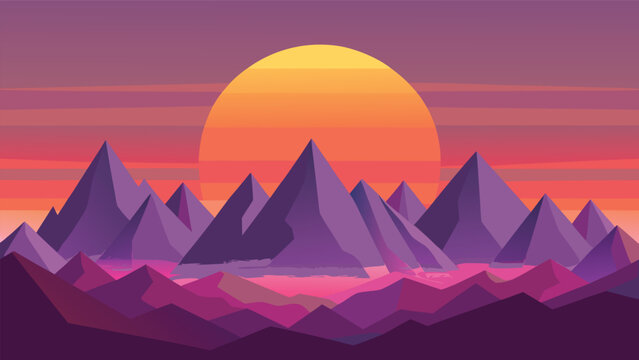 Geometric mountains at sunset with vibrant sky and serene water in a retro synthwave vector style