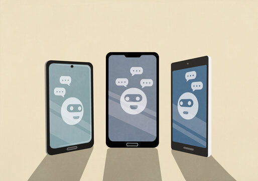Computer hacker emojis chatting on smart phone screens