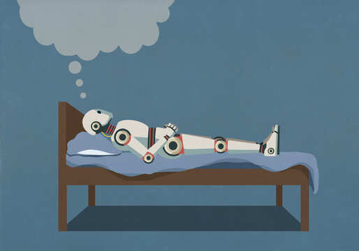 Humanoid AI robot laying in bed and thinking