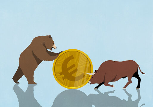 Bull and bear on opposite ends of large Euro coin