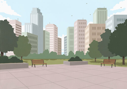 Benches in empty city park