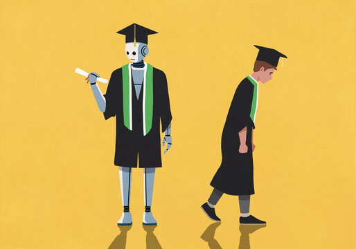 Dejected young male university graduate walking away from robot in cap and gown holding diploma