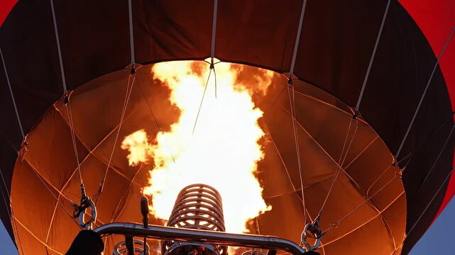 Inside a hot air balloon basket flames shoot out burner