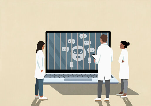 Scientists watching computer hacker emoji behind bars with speech bubbles on laptop screen