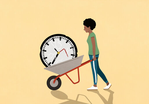 Woman pushing wheelbarrow with broken clock