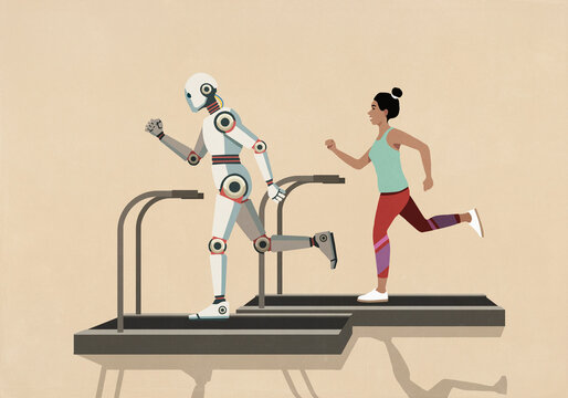 Woman running on treadmill behind humanoid robot running on treadmill