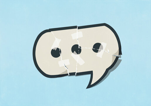 Ripped speech bubble repaired with adhesive tape