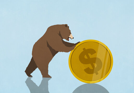 Bear pushing, rolling large gold coin with dollar sign against blue background