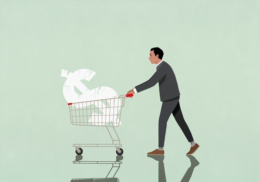 Businessman pushing shopping cart with cracked dollar sign