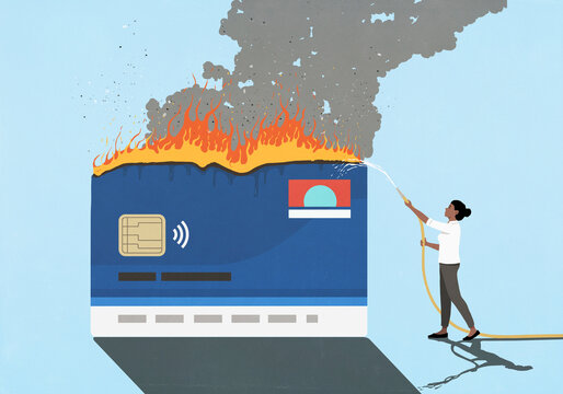 Woman with weak hose trying to extinguish large credit card on fire