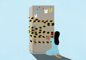 Girl kneeling with head in hands in front of refrigerator wrapped in barricade tape