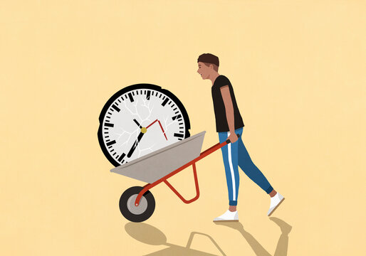 Man pushing broken clock in wheelbarrow against yellow background