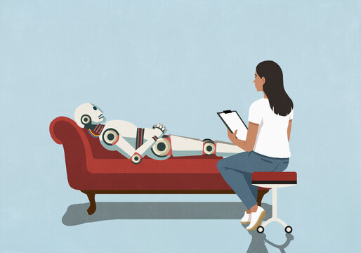Female psychotherapist listening to humanoid robot on sofa in therapy session
