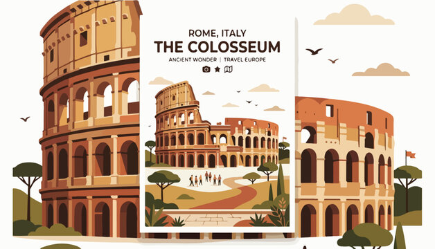 Minimal flat vector illustration of the Colosseum with warm earthy tones, geometric shapes, simple flat shadows, and a modern travel poster aesthetic on a white background.
