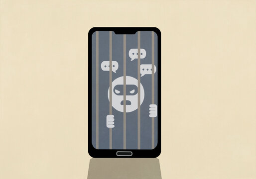 Masked thief emoji with speech bubbles behind bars on smart phone screen