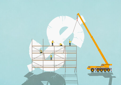 Construction workers on scaffolding and crane attempting to repair and lift cracked dollar sign