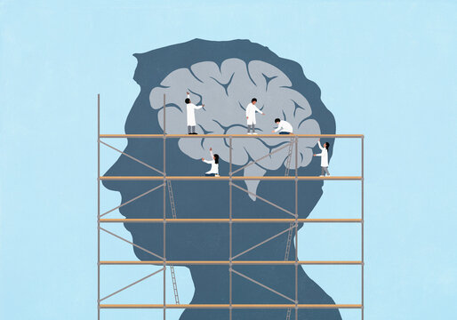 Scientists on scaffolding analyzing and repairing brain in large profile of man's head