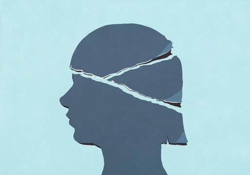 Ripped profile of girl's head on blue background