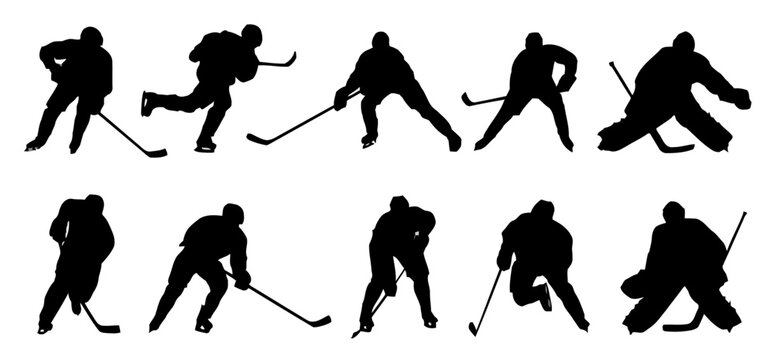 Ice Hockey Players Silhouettes Set in Various Dynamic Actions
