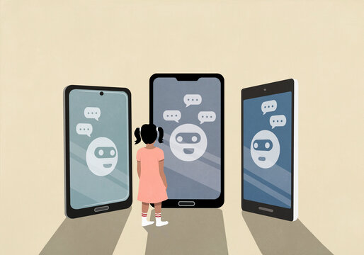 Masked emojis with speech bubbles on smart phone screens in front of young girl