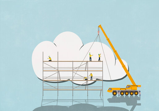 Construction workers on scaffolding and crane lifting large cloud against blue background