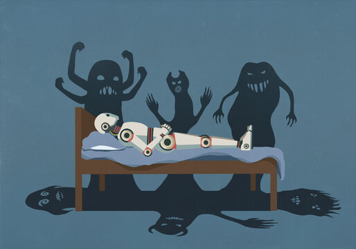 Shadows of monsters surrounding humanoid robot laying in bed at night