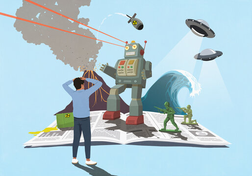 Surprised man watching futuristic action story symbols rising from pages of newspaper
