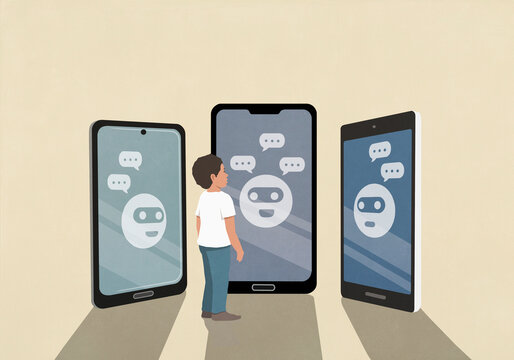 Masked emojis with speech bubbles on smart phone screens in front of young boy