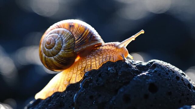 A snail with a brown shell on a dark rock outdoors in nature