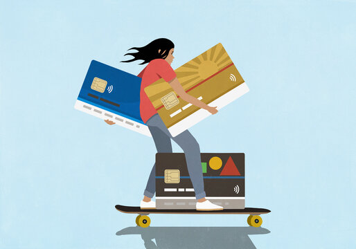 Young woman balancing multiple credit cards while skateboarding