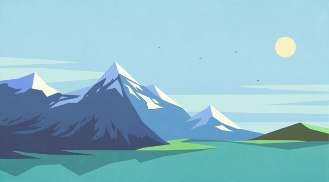 Sun in blue sky over beautiful, scenic mountain range and lake
