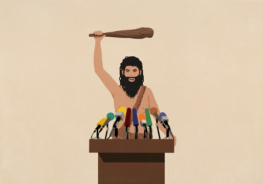 Caveman with raised stick speaking at podium with microphones