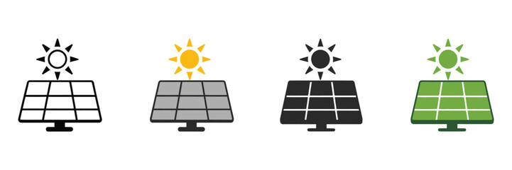 Solar energy icons showcasing solar panel and sun symbols in multiple styles for renewable power, clean energy, and environmental sustainability applications. © ARIF AHMED 01