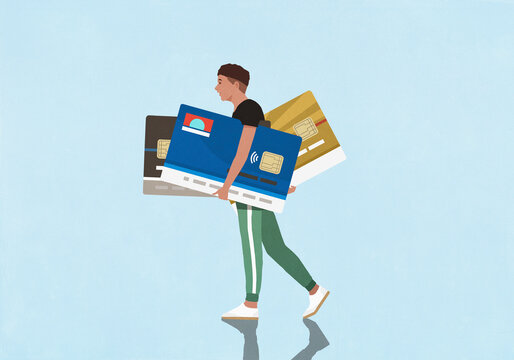 Young man carrying large credit card debt
