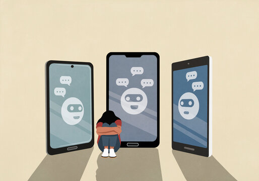 Young woman attempting to hide from social media messages on smart phone screens